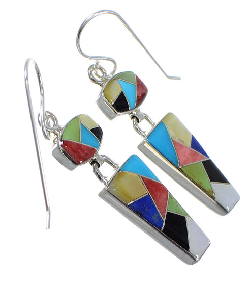 Southwest Sterling Silver Multicolor Inlay Hook Dangle Earrings RX81752